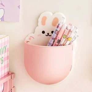 1pc Rabbit Pattern Wall Mounted Stationery Storage Box, Cute Multi-purpose Pen Holder For School Student, Office Pink