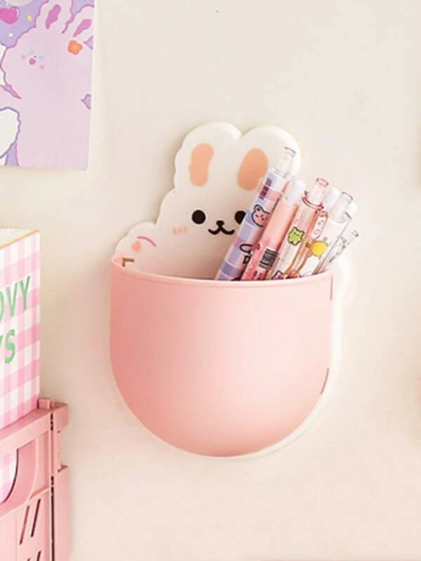 1pc Rabbit Pattern Wall Mounted Stationery Storage Box, Cute Multi-purpose Pen Holder For School Student, Office Pink