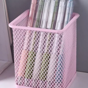 1pc Hollow Out Solid Color Pen Holder, Simple Multi-purpose Stationery Storage Box For Office, School Student Baby Pink