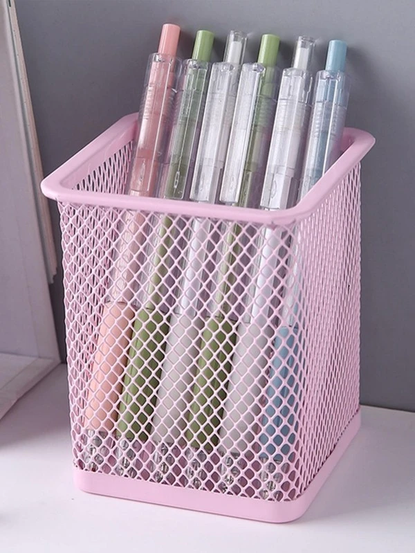 1pc Hollow Out Solid Color Pen Holder, Simple Multi-purpose Stationery Storage Box For Office, School Student Baby Pink