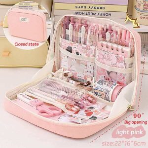 Canvas Large Capacity Pencil Case Storage Bag With Japanese-style High-value Appearance Multifunctional Stationery Organizer For Students Pink