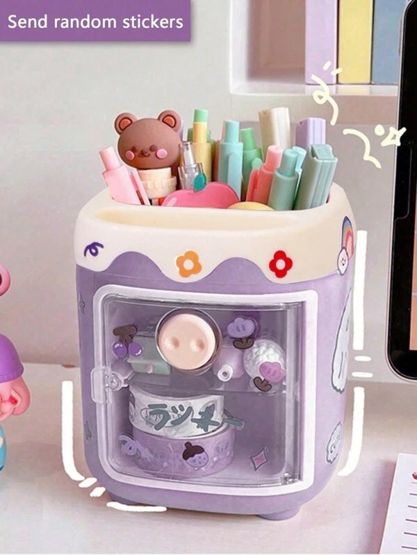 1pc Creative Cute Pig Shaped Multi-compartment Pen Holder For Students, With Random Stickers Purple