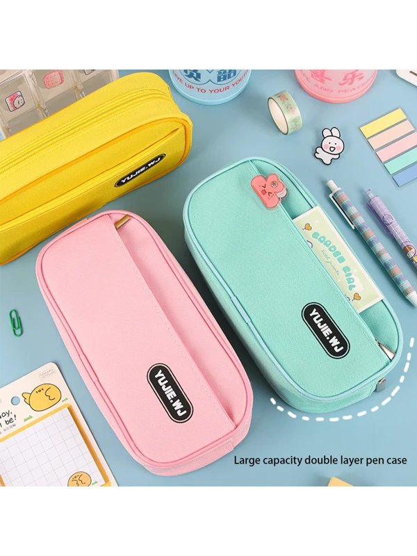 1pc Ins Style Oxford Cloth Double Zipper Pencil Case, Large Capacity Multifunctional Pen Bag For Men And Women, Student Yellow