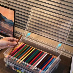 1pc/Desktop Storage Box Desk Organizer, Transparent Plastic Pencil Case For Colored Pencils, Markers And Crayons, Stationery & Pencil Storage Container Clear