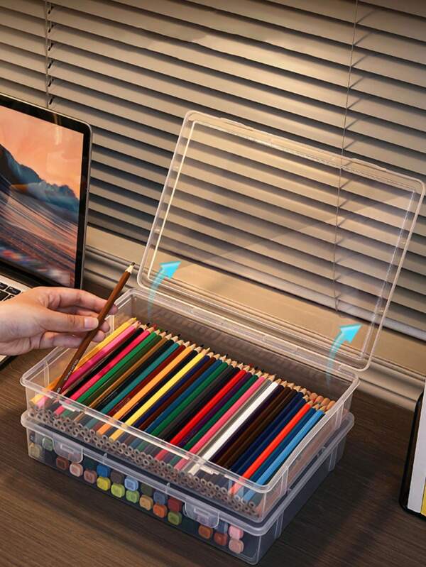 1pc/Desktop Storage Box Desk Organizer, Transparent Plastic Pencil Case For Colored Pencils, Markers And Crayons, Stationery & Pencil Storage Container Clear