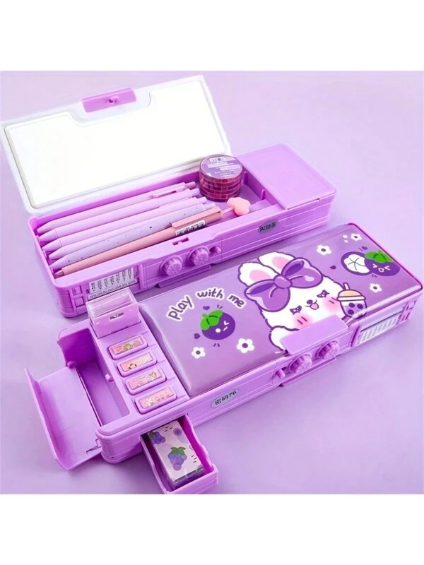 Multifunctional Pencil Case With Password Lock, High-Tech Smart Stationery Box, Automatic Double-Layer Pen Holder For Girls Purple