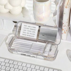 1pc Acrylic Transparent Double Layered Exam Dedicated Pencil Box For Boys And Girls, Kids Of Primary School And Middle School, Plastic Pencil Case For Stationery Storage Clear