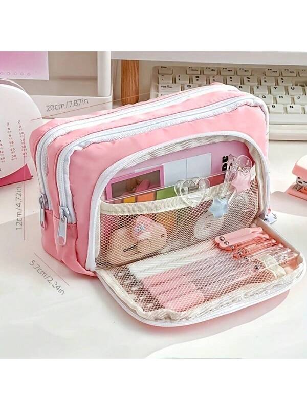 Stationery Bag, Pencil Case, Large Capacity Pencil Case, Handheld Pencil Case, Stationery Box, Cosmetics, Portable Gifts, Suitable For Office, School, Youth, Girls, Boys, Men, Women, Adults Pink