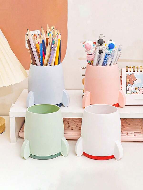 1pc Cute Little Rocket Pen Holder, Creative DIY Desktop Decoration, Large Capacity Storage Box, Multi-Functional Stationery Organizer For Students Multicolor