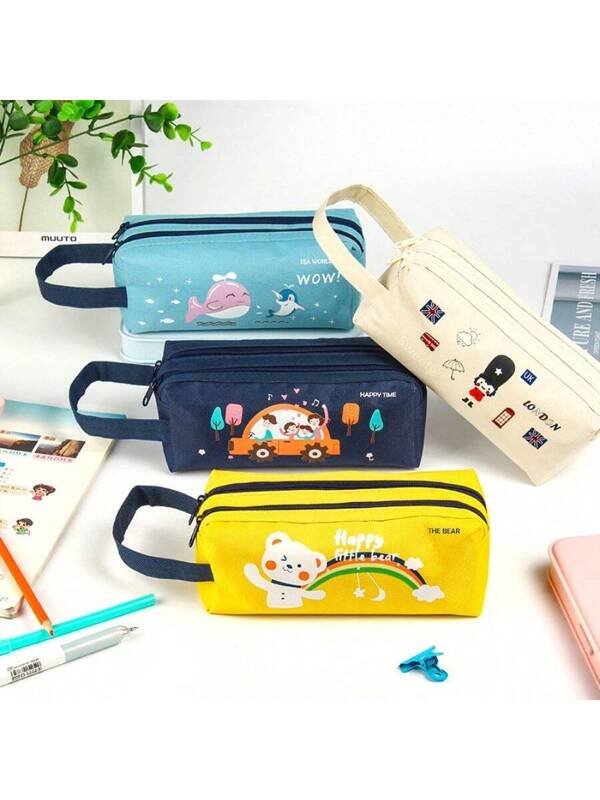 Creative Oxford Cloth Pencil Case, Double-Layer Large Capacity Pencil Bag With Dual Zipper For Students, Portable Handheld Design 1Pcs