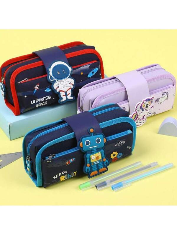 Cartoon Space Astronaut Pencil Bag School Supplies Storage Bag Multi-Functional Detachable Pen Curtain Pencil Case Dual-Purpose Design Large Capacity Cute Animal Stationery Bag With Pen Holder Multiple Patterns