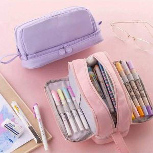 1pc Large Capacity Student Pencil Case Double Layer Stationery Box, Macaron Shaped High-Value Cosmetic Bag With Multi-Functional Compartments For School Supplies Single Piece