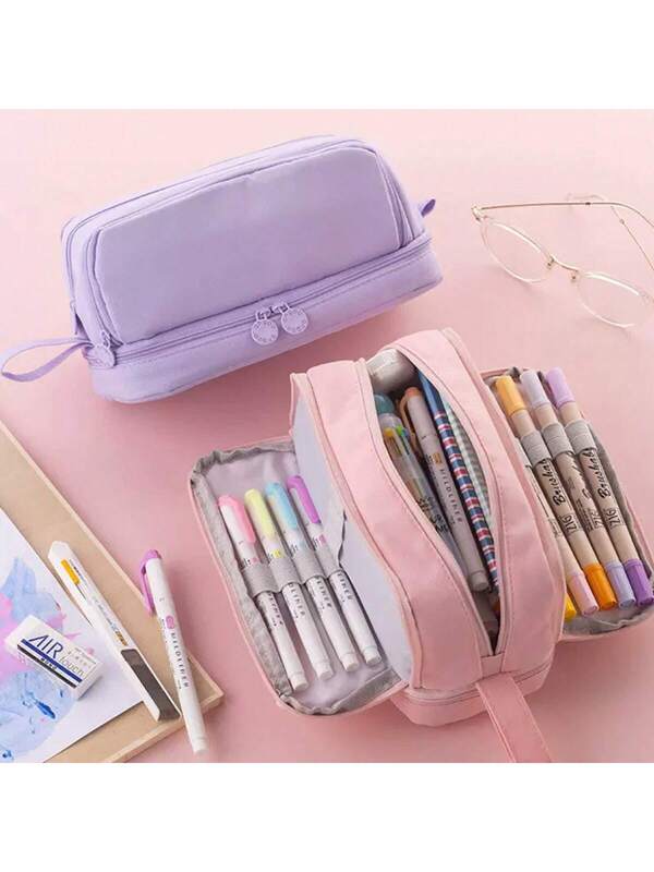 1pc Large Capacity Student Pencil Case Double Layer Stationery Box, Macaron Shaped High-Value Cosmetic Bag With Multi-Functional Compartments For School Supplies Single Piece