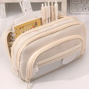 1pc Large Capacity To Increase The Width Of Dustproof Stationery Pen Bag, Cloth Convenient Multi-Layer Desktop Stationery Bag, Can Be Used To Store Pen Ruler Notes, Campus Series Zipper Window Multi-Functional Pencil Case Single Piece