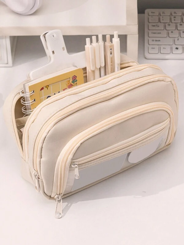 1pc Large Capacity To Increase The Width Of Dustproof Stationery Pen Bag, Cloth Convenient Multi-Layer Desktop Stationery Bag, Can Be Used To Store Pen Ruler Notes, Campus Series Zipper Window Multi-Functional Pencil Case Single Piece