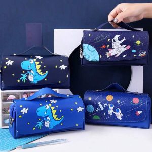 Astronaut Themed Multi-Compartment Pencil Case Stationery Box, Large Capacity For School Boys Navy Blue