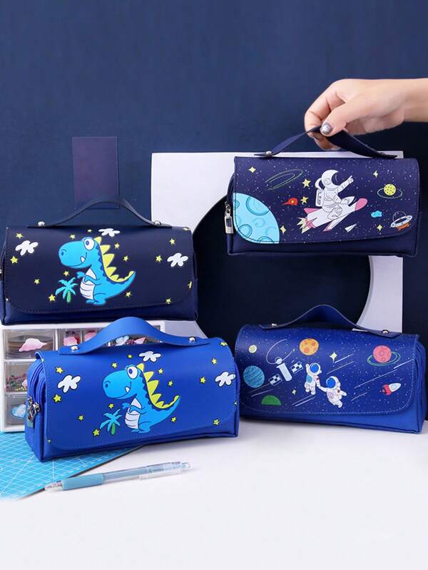 Astronaut Themed Multi-Compartment Pencil Case Stationery Box, Large Capacity For School Boys Navy Blue