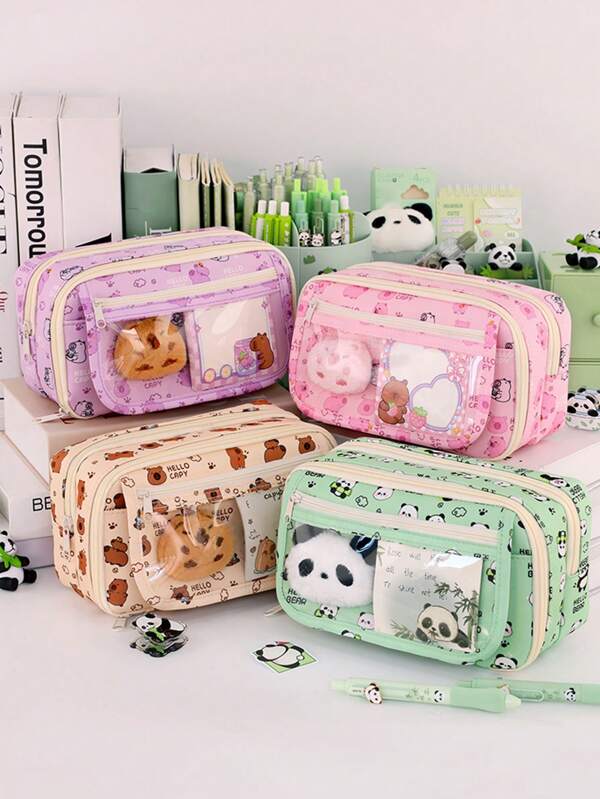 1pc Large Capacity 9-Layer Store Panda Convenient Pen Bag, Learning Tools Classification Store Student Stationery Bag, Can Be Used To Store A Series Of Desktop Stationery Such As Pen Class Ruler Hand Tent, Three-Dimensional Can Hold Campus Dormitory Cloth Stationery Pencil Box, Multi-Functional Cosmetics Storage Bag, Multi-Color Optional Single Piece