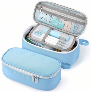 Large Capacity Portable Pencil Case - Simple Multi-Layer Pen Bag For Student Stationery Organizer Blue