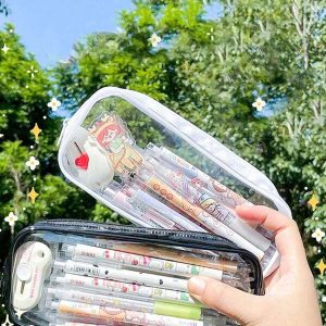 1pc Clear And Cute Transparent PVC Student Waterproof Pencil Case, Large Capacity Girls' Storage Makeup Bag one-size