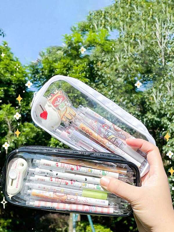 1pc Clear And Cute Transparent PVC Student Waterproof Pencil Case, Large Capacity Girls' Storage Makeup Bag one-size