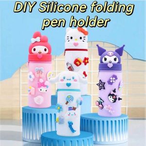 New Cute Cartoon Silicone Telescopic Pen Holder DIY Hole Silicone Folding Pen Holder Cartoon Student Decompression Pen Bag one-size