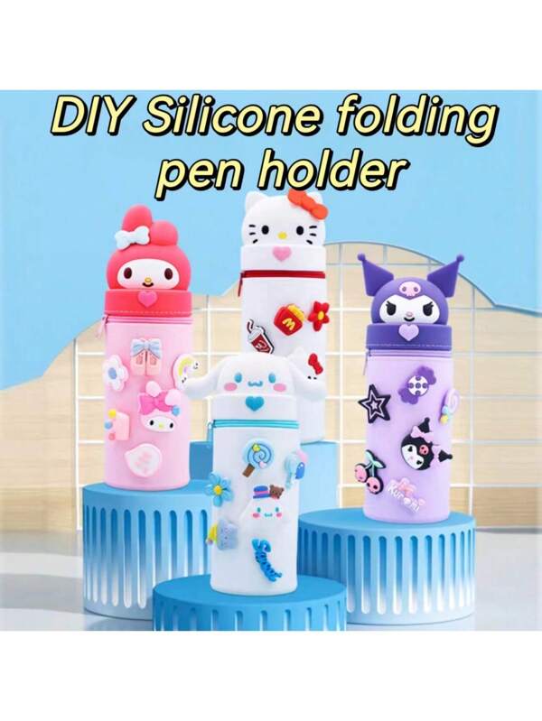 New Cute Cartoon Silicone Telescopic Pen Holder DIY Hole Silicone Folding Pen Holder Cartoon Student Decompression Pen Bag one-size