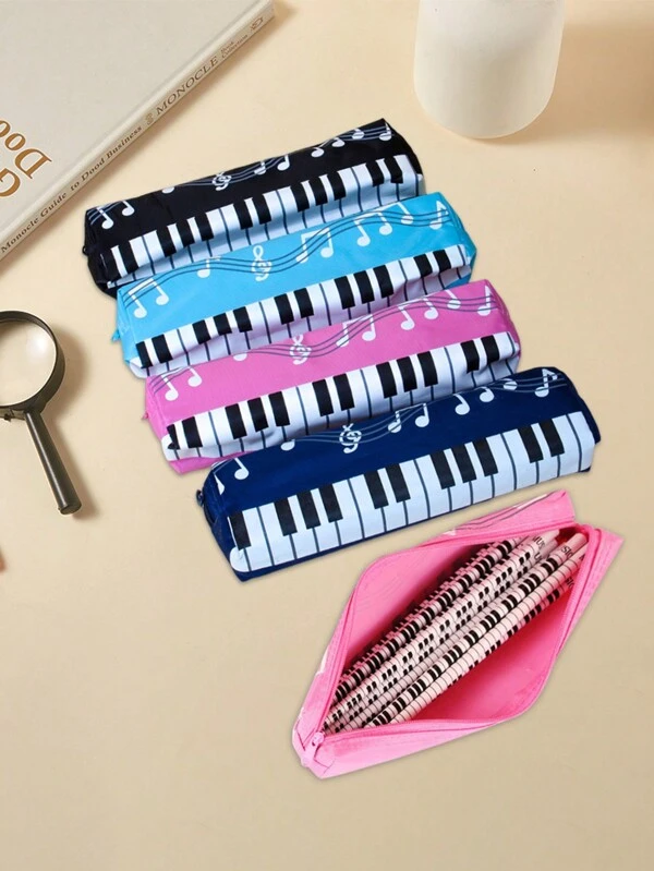 1pc Square Single-Layer Music Score Piano Keyboard Pencil Case, Single-Layer Pencil Bag, Black And White Key Stationery Storage, Oxford Cloth Pencil Box, You Can Use It To Store Pencils, Pens, Erasers And Other Stationery, Lightweight, Convenient For Carrying And Using, Suitable For Storing Cosmetics, Makeup Tools, Stationery Etc. Multicolor