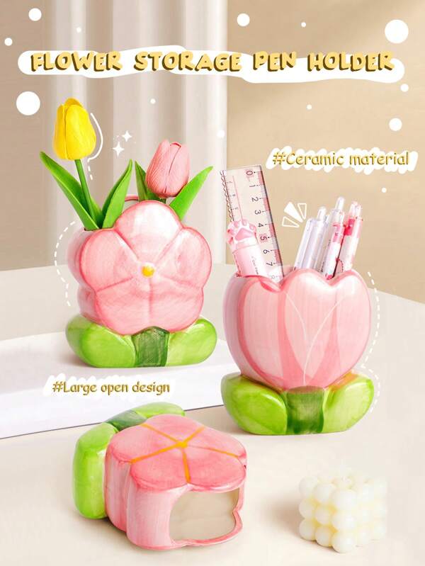 Floral Ceramic Pen Holder & Organizer Box, Ins-Style Makeup Brush Storage, Desktop Decor For Students Multicolor