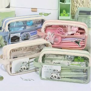 1Pc Portable Double Layer Transparent Pencil Case 12*20*9Cm Pencil Case Contrast Color Square Storage Bag Suitable For Office Stationery School Stationery Storage Bag Beige