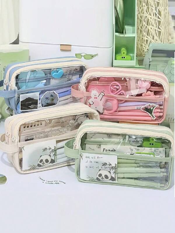 1Pc Portable Double Layer Transparent Pencil Case 12*20*9Cm Pencil Case Contrast Color Square Storage Bag Suitable For Office Stationery School Stationery Storage Bag Beige